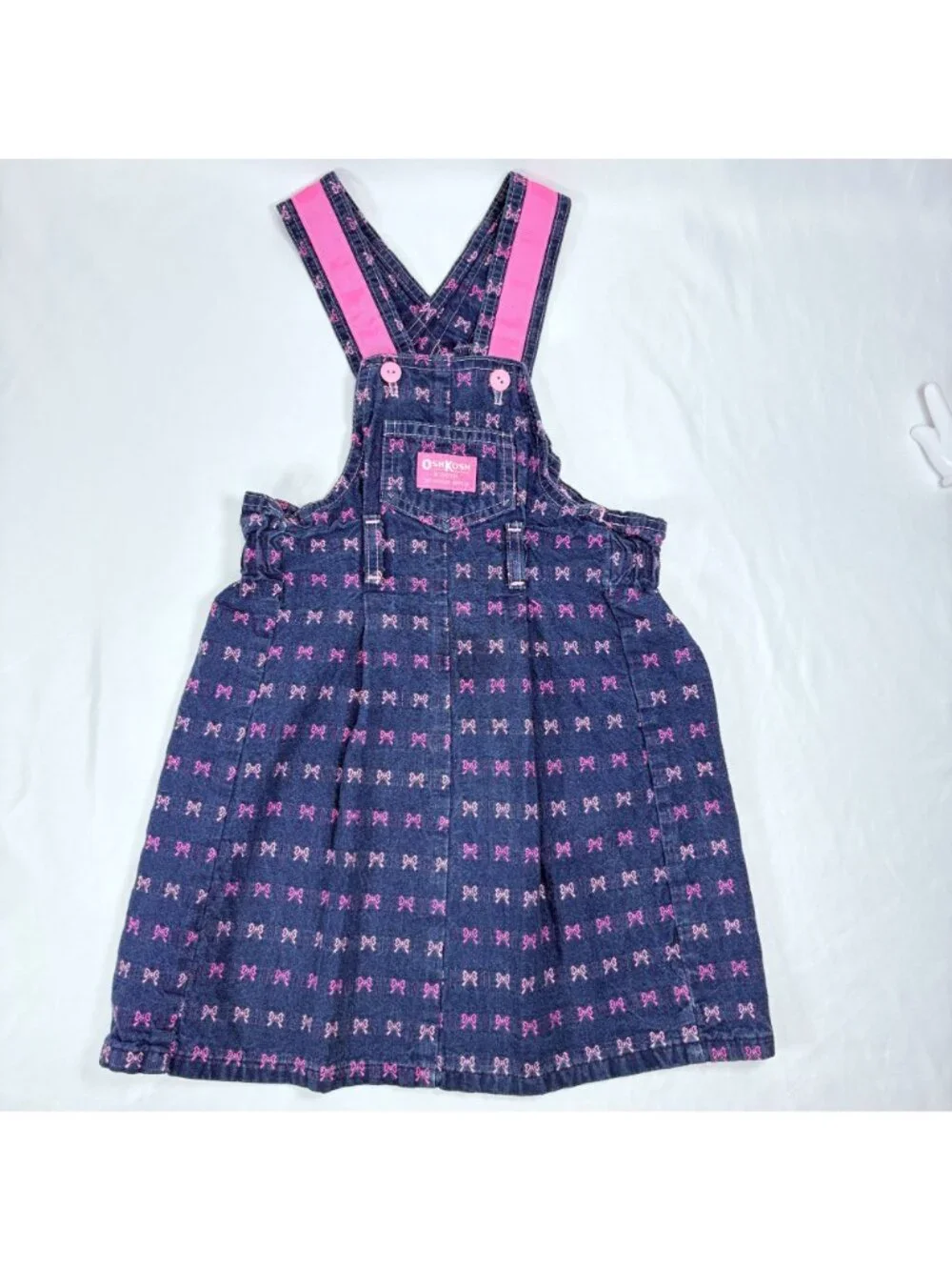 Vintage Oshkosh Girls Pink Ribbon Bow Embroidered Denim Dress 5